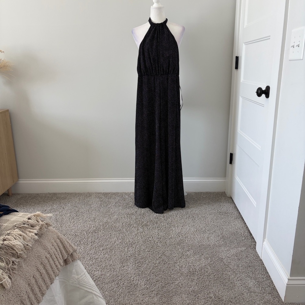 Express Black And White Speckle Halter Wide-Leg Jumpsuit - Picture 6 of 10